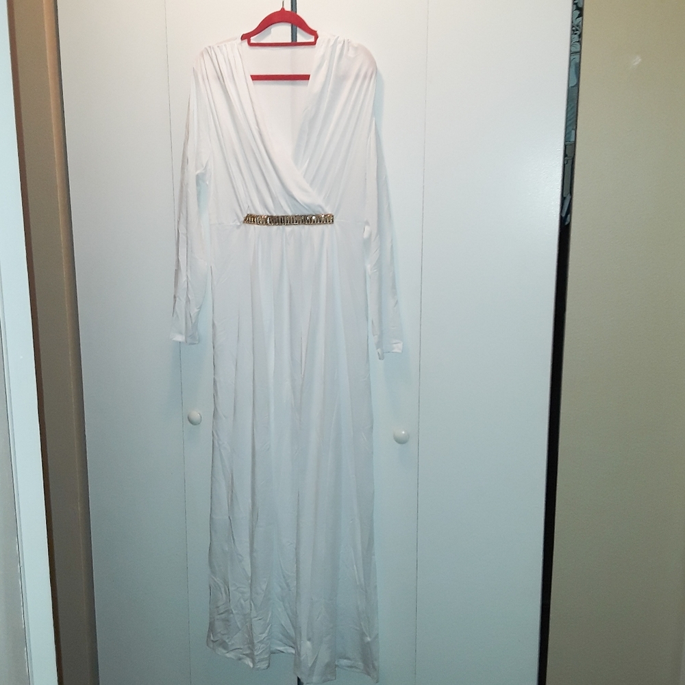 White Grecian Goddess Long Sleeve Evening Gown - Picture 6 of 8